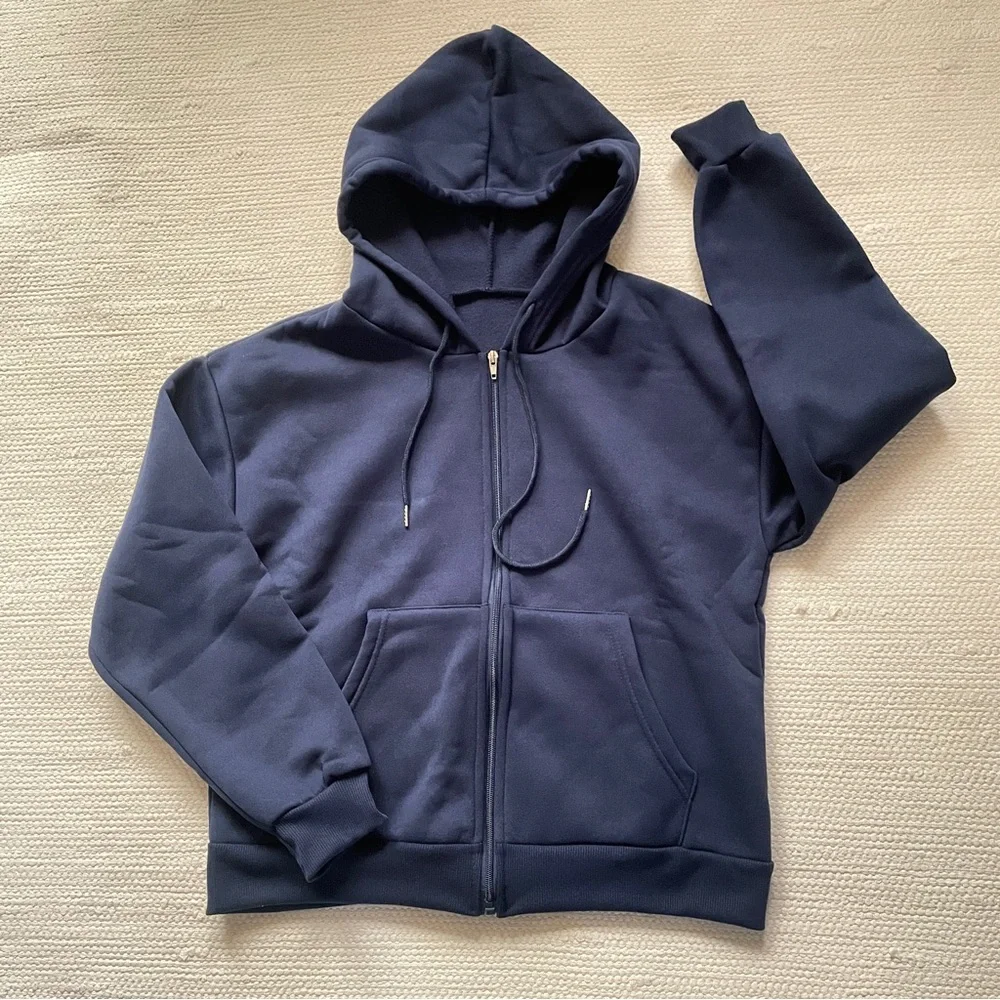 Full Zip Drawstring Hoodie Unisex Navy Blue Size S - Picture 2 of 7